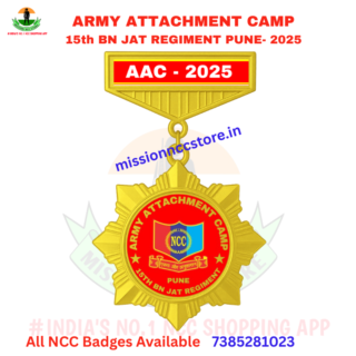 Honor your dedication and service with the Army Attachment Camp 15th BN JAT Regiment Pune NCC Camp Badge 2025, available exclusively at Mission NCC Store. This premium-quality badge celebrates NCC cadets who attended Army Attachment Camp (AAC) under the 15th Battalion JAT Regiment, Pune. Crafted from durable golden metal with a polished finish, this badge stands as a proud symbol of discipline, courage, and national pride. ⭐ Features: Premium golden metal badge with fine detailing Official AAC 15 JAT Regiment Pune 2025 edition Long-lasting polish with durable pin lock Ideal for NCC uniforms, gifts, or display collections Represents NCC excellence and military dedication 📦 Package Includes: 1 × Army Attachment Camp 15th BN JAT Regiment Pune NCC Badge (2025 Edition) 🎯 Suitable For: Army Wing NCC cadets who participated in the Army Attachment Camp with 15 JAT Regiment, Pune (2025). 🇮🇳 Made in India | Mission NCC Store – Trusted by NCC Cadets Nationwide