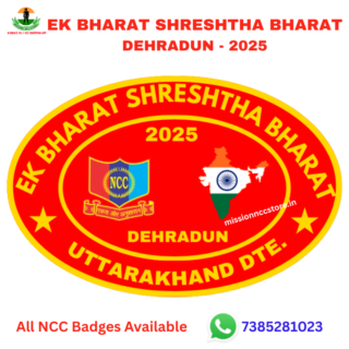 Premium Ek Bharat Shreshtha Bharat (EBSB) Dehradun NCC Badge 2025 crafted from high-quality golden metal. Designed for cadets who participated in the national integration camp at Dehradun. Perfect for NCC uniforms, displays, and collections.