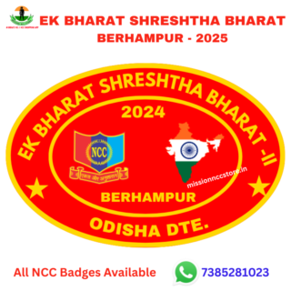 Buy Ek Bharat Shreshtha Bharat Berhampur NCC Badge 2025 from Mission NCC Store. Premium golden metal NCC badge for EBSB camp participants. Symbol of national unity and NCC pride. Fast India-wide delivery.