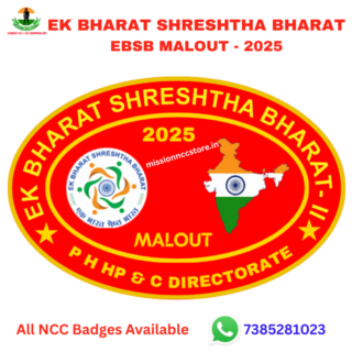Buy Ek Bharat Shreshtha Bharat (EBSB) Malout NCC Badge 2025 (PH HP & C Directorate) from Mission NCC Store. Premium golden metal NCC camp badge symbolizing national unity and pride. Fast India-wide delivery.